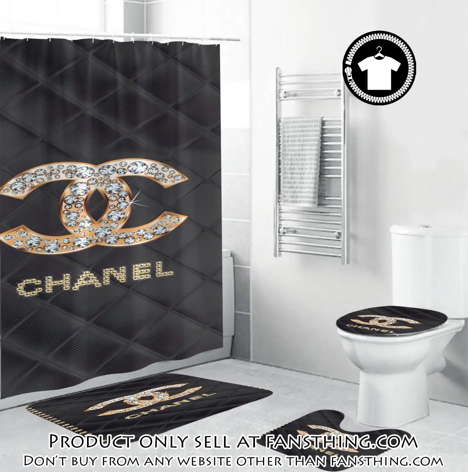 Coco chanel golden logo with full of diamonds in argyle background bathroom set shower curtain fst4753342